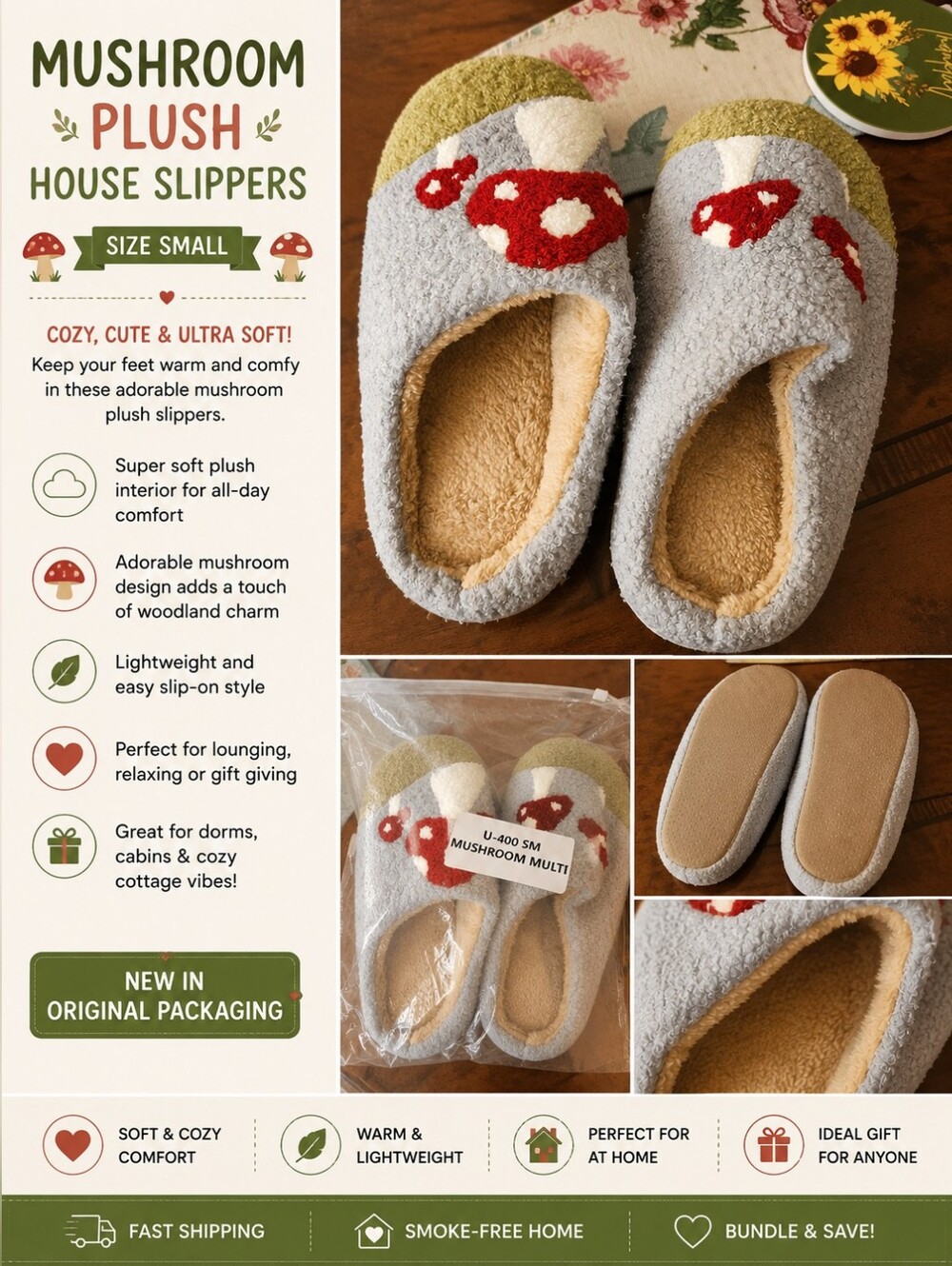 Mushroom Plush House Slippers – Size Small🍄🍄